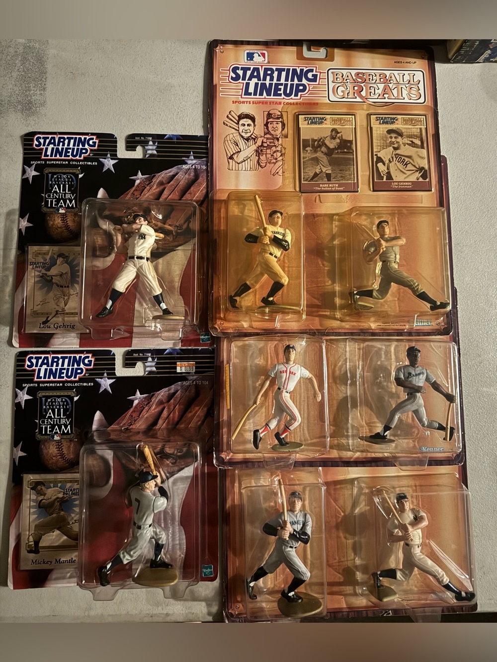 Starting Lineup Baseball Greats Figures - Aaron, Ruth, Gehrig, Mantle - Lot Box